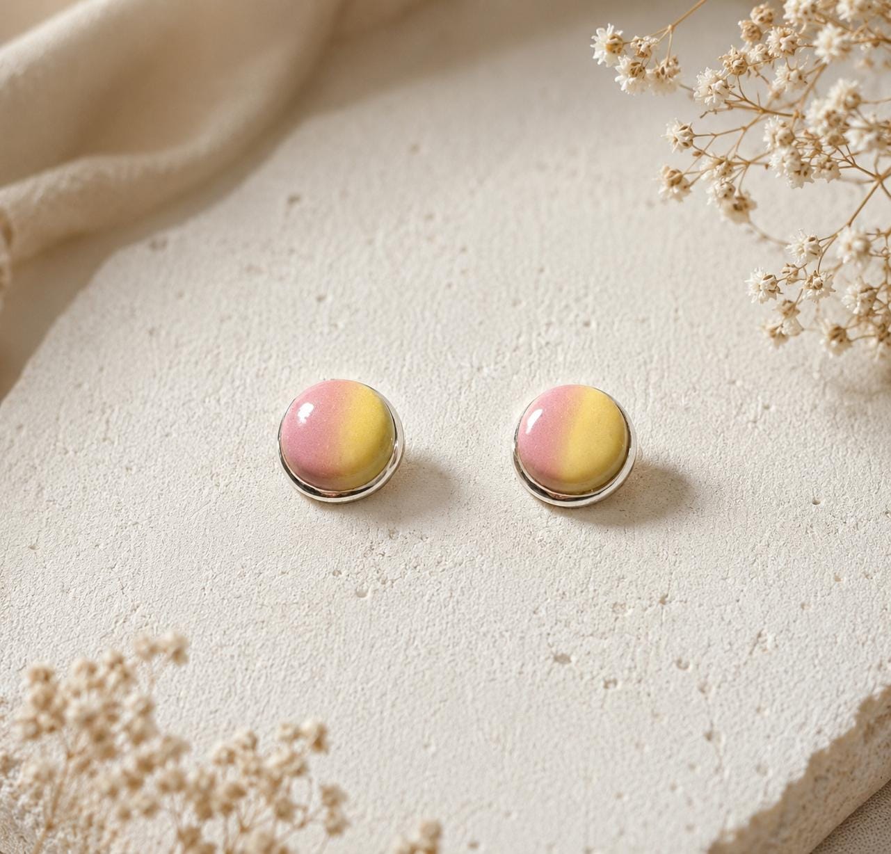 Handgemachte Ohrstecker Rosa Gelb | Polymer Clay Stecker | Sommerlicher Damenschmuck | Verspieltes Geschenk für Frauen | Pink Lemonade