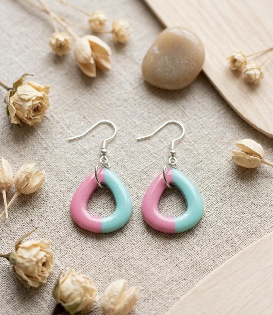 Handgemachte Hängeohrringe Rosa Türkis | Polymer Clay Ohrringe Pastell | Eleganter Statement Schmuck Damen | Geschenk Frau | Candy Luxe