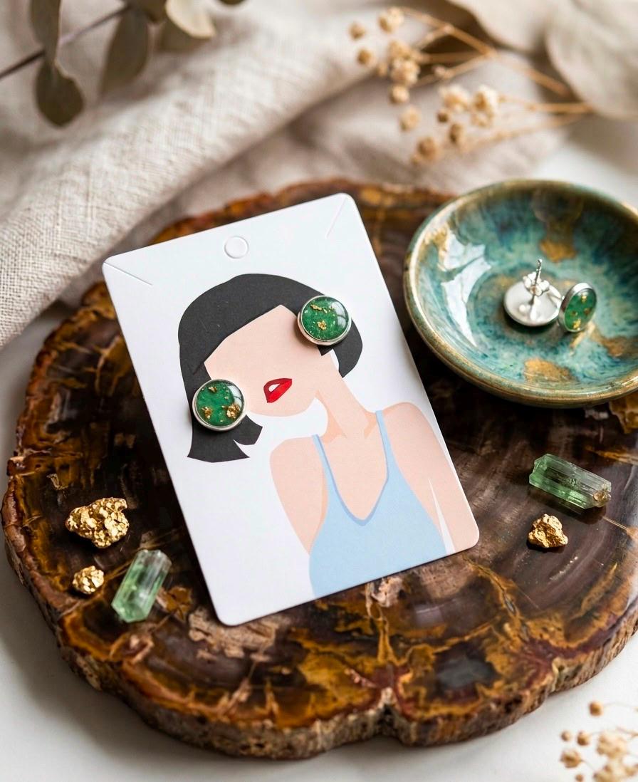 Handgemachte Ohrstecker Grün Gold | Polymer Clay Stecker | Eleganter Naturschmuck Damen | Boho Ohrringe | Geschenk Frau | Forest Whisper