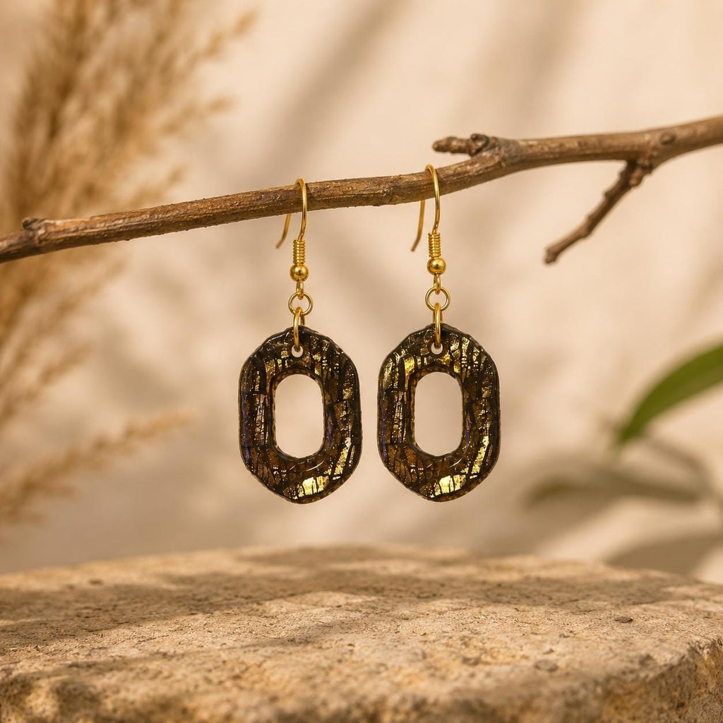 Handgemachte Ohrringe Schwarz Gold | Polymer Clay Hängeohrringe | Statement Schmuck | Geschenk für Frauen | Midnight Noir