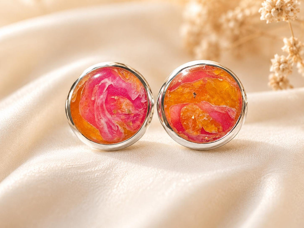 Handgemachte Ohrstecker Orange Gold | Polymer Clay Stecker Blattgold | Sommerlicher Statement Schmuck | Geschenk für Frauen | Sunset Glow