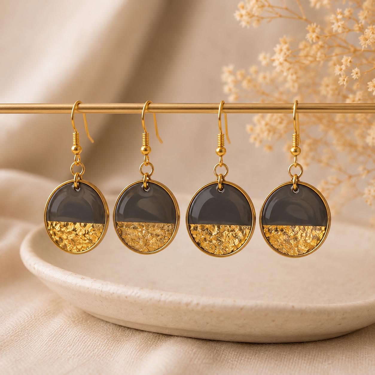 Polymer Clay Hängeohrringe Schwarz Gold | Handgemachte Statement Ohrringe | Eleganter Schmuck Damen | Geschenk Frau | Midnight Eclipse