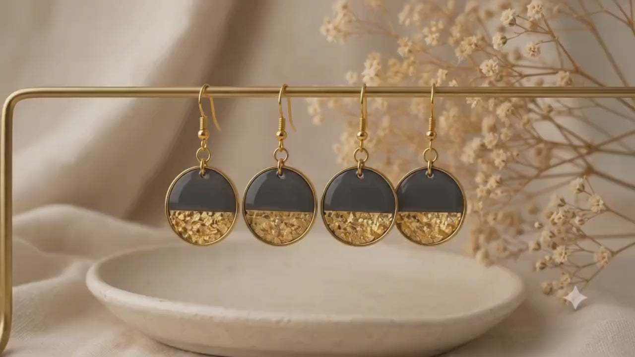 Polymer Clay Hängeohrringe Schwarz Gold | Handgemachte Statement Ohrringe | Eleganter Schmuck Damen | Geschenk Frau | Midnight Eclipse