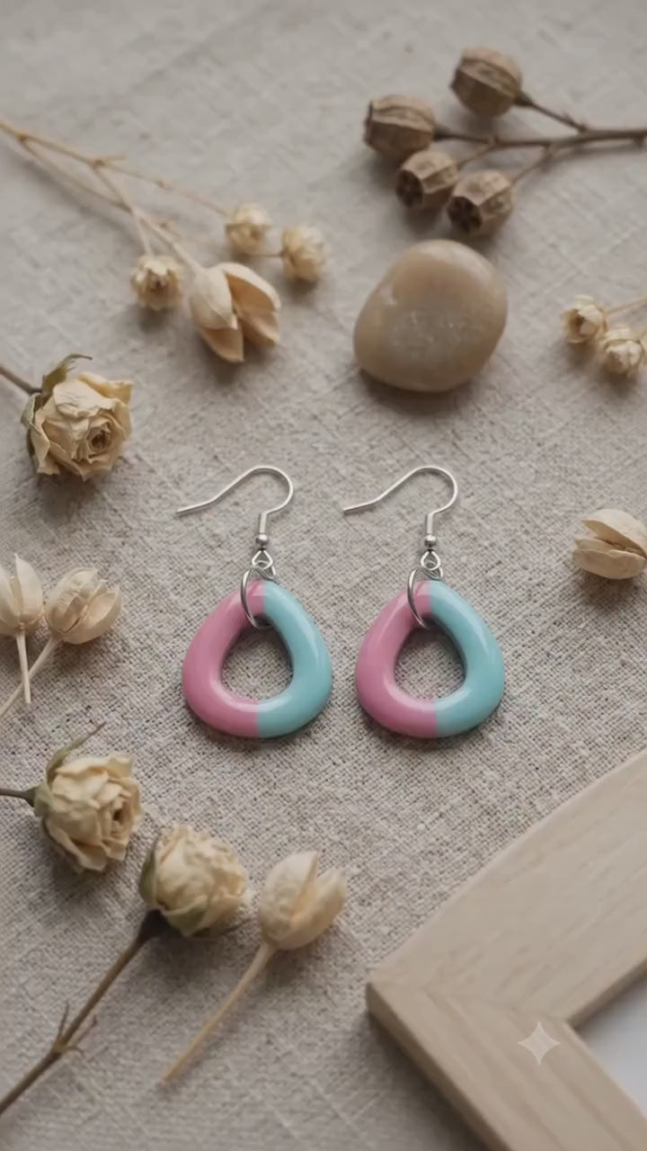 Handgemachte Hängeohrringe Rosa Türkis | Polymer Clay Ohrringe Pastell | Eleganter Statement Schmuck Damen | Geschenk Frau | Candy Luxe